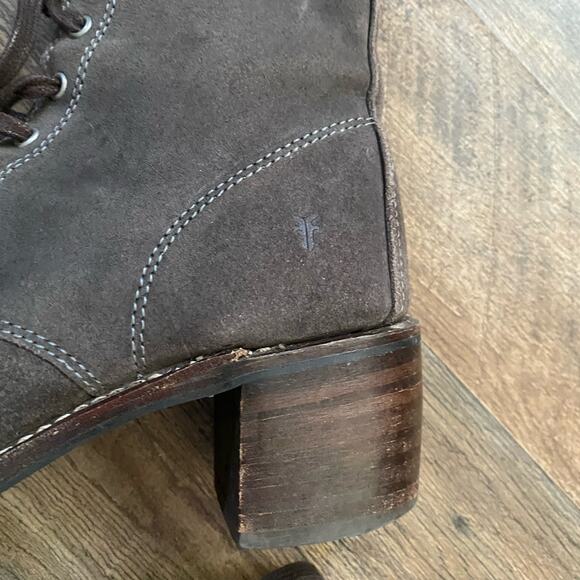 Frye Boots Sabrina Charcoal Suede Lace Up Block Heel Heeled Combat Bootie - Picture 6 of 11